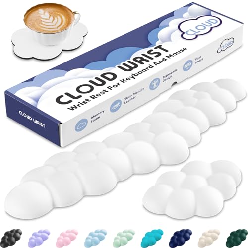 Sushret Cloud Wrist Rest for Keyboard and Mouse, Memory Foam PU Leather Keyboard Wrist Rest with Ergonomic Support, Non-Slip Base, Cute Arm Rest Pad & Palm Cushion, Office Desk Accessory, White