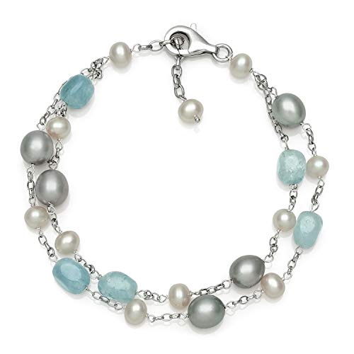 Belacqua Milky Blue Aquamarine and Pearls Chain Station Tin Cup Bracelet in Sterling Silver, Length- 7.5 Inches, Real Pearl Jewelry for Women, Gift Box Included