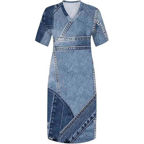 Image of SUZONANA Plus Size Denim Print Shirt Maxi Dresses for Curvy Women Casual Blue Jean Summer Outfits Long Short Sleeve Dress with Pockets Patchwork 2XL