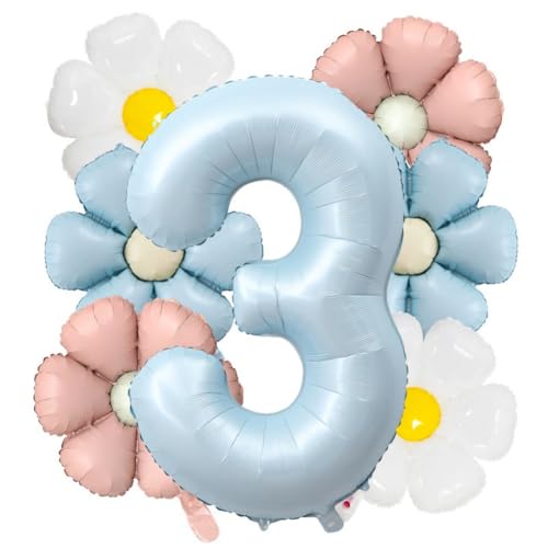 Juego de globos de papel de aluminio con diseño de margaritas para cumpleaños número 3 de 40 pulgadas para decoraciones de fiesta de cumpleaños con temática de margaritas (azul claro 3)