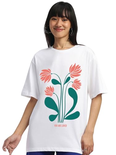Image of JUNEBERRY 100% Pure Cotton Oversized Loose Baggy Fit Drop Shoulder Half Sleeve Round Neck Cool Front Teddy Printed Cork & White T-Shirt for Women /Girls (Available in from S to 2XL)