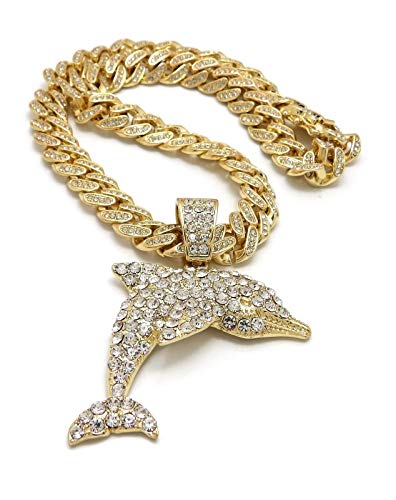 Hip Hop Jewelry Gold Plated Dolphin Pendant & 12mm 18" Full Iced Cuban Choker Chain Box Lock Necklace3