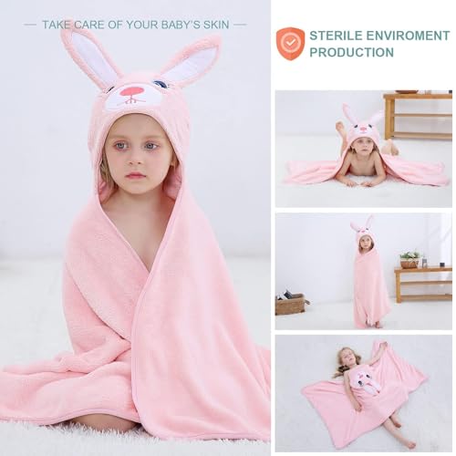 Image of MICHLEY Cartoon Hooded Baby Towel Unisex, Premium Soft Swimming Bathrobe Large Washcloths 27.5 inch x 47 inch for 0-7T (Rabbit)