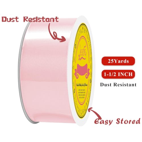 Image of Double Face Light Pink Satin Ribbon 1-1 /2 inch X 25 Yards Polyester Ribbon for Gift Wrapping Very Suitable for Weddings Party Hair Bow Invitation Decorations and More