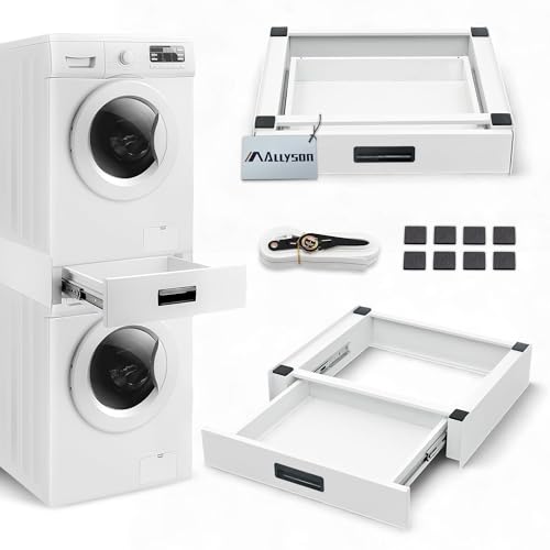Allyson® Universal Zwischenbaurahmen für Trockner & Waschmaschine - Waschmaschinen Stapelrahmen Set Inkl. Spanngurt & 8 Pads, Metall-Verbindungssatz, Podest mit Ausziehschublade