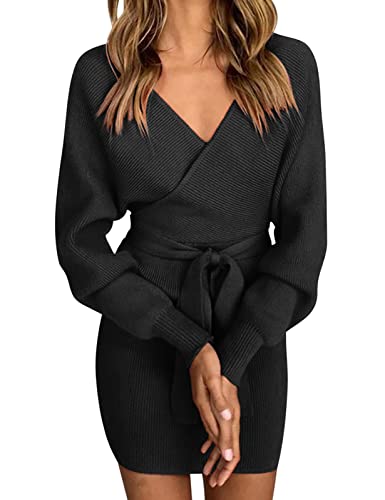 heekpek Strickkleid Damen Winter Minikleid Strick Sexy V-Ausschnitt Warm Langarm Minikleid Eng Strick Tunika Stretch Bequem Strickkleider Damen mit...