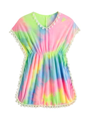 Milumia Girl's Cute Tie Dye Beach Coverups Pompom Trim Swimsuit Swimwear Cover Up