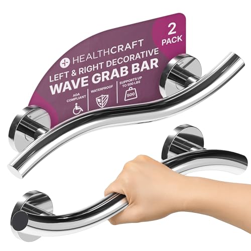 HEALTHCRAFT (2X Pack) Wave Decorative Grab Bars, ADA Compliant Bathroom Safety Bars for Seniors, Wall-Mounted, Supports Up to 500 lbs (Left & Right) (Polished Chrome, 18 Inch)