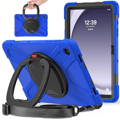 Coque Galaxy Tab A9 Plus antichoc enfant avec support rotatif et bandoulière bleu