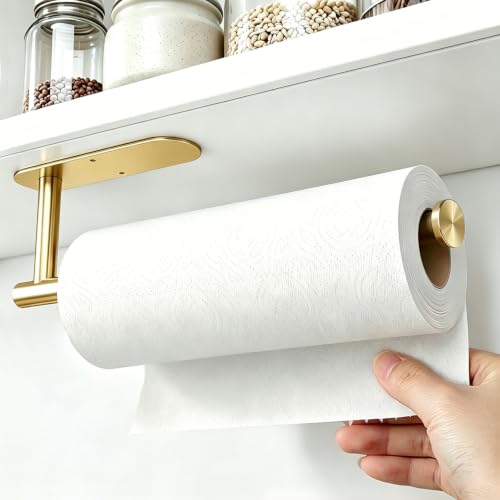 Image of Gold Paper Towel Holder Under Cabinet, Adhesive Paper Towel Roll Holder Stick on Wall, Stainless Steel Towel Paper Holder for Bathroom Kitchen