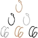 6 Pcs Nose Rings Hoops Nose Piercings Nostril Lip Nose Piercing Jewelry Faux Fake Nose Ring Piercing Stud 20 Gauge 20G Rose Gold Silver Black Nose Hoop Nose Rings for Women Men Faux Fake Piercings Double Hoop Nose Ring Surgical Steel Hypoallergenic Stainless Steel Lip Hoops for Women Men Cute Clip On
