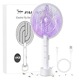 PALONE Electric Fly Swatter 4000V Bug Zapper Racket, Dual Modes Mosquito Killer with Battery, Rechargeable Mosquito Killer Lamp with 3 Layers Safety Mesh for Indoor and Outdoor, White 1P