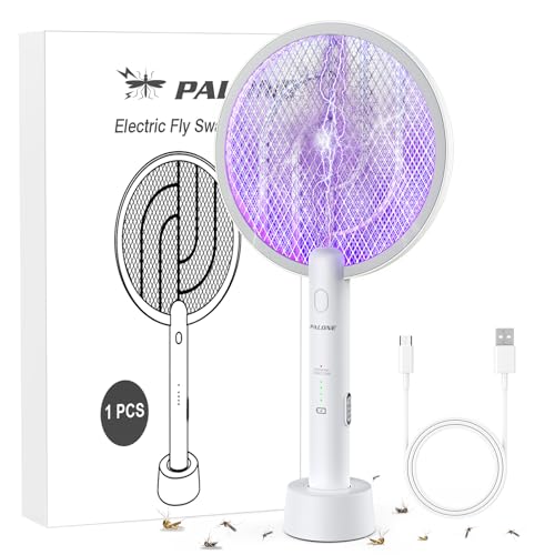 PALONE Electric Fly Swatter 4000V Bug Zapper Racket Dual Modes | 3 Layers Safety Mesh,Includes a Charging Base to Keep Your Swatter Always Ready, White 1P