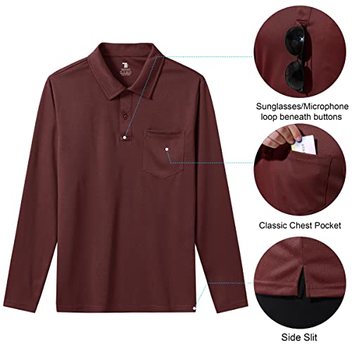 Rdruko Mens Long Sleeve Polo Shirts Smart Casual Golf Tops Breathable Wicking Quick Dry Polyester Work T Shirts with Pocket Wine Red XXL - Image 5