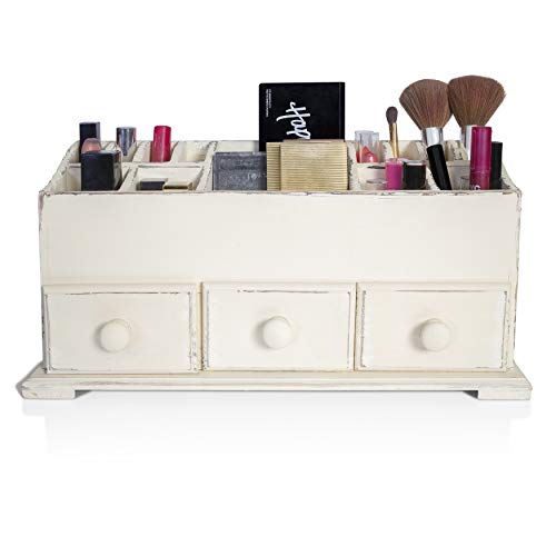 Vanity Drawer Beauty Organizer 3 Drawers - Wooden Cosmetic Storage Box for Neat & Organize Storing of Makeup Tools, Small Accessories at Home & Office Vanities & Bathroom Counter-top (Rustic White) - Thumbnail 3