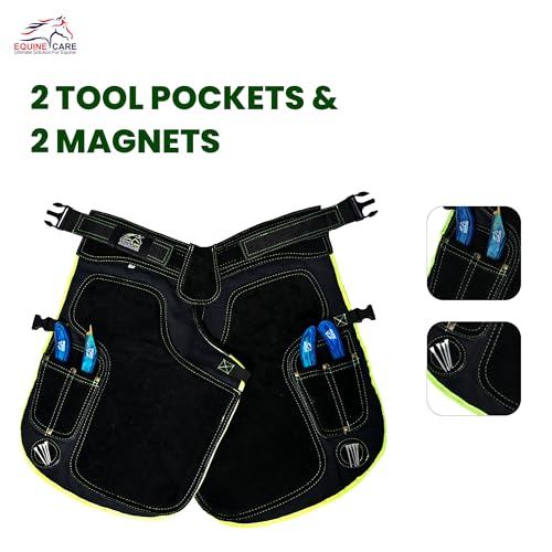 Image of Equine Care Women's Farrier Apron Chaps 23″ - Leather & Canvas, Adjustable 28-52″ Waist, EVA Padded Knees, Lumbar Support, 4 Knife Pockets & Nail Magnets for Hoof Trimming (Black with Green Piping)