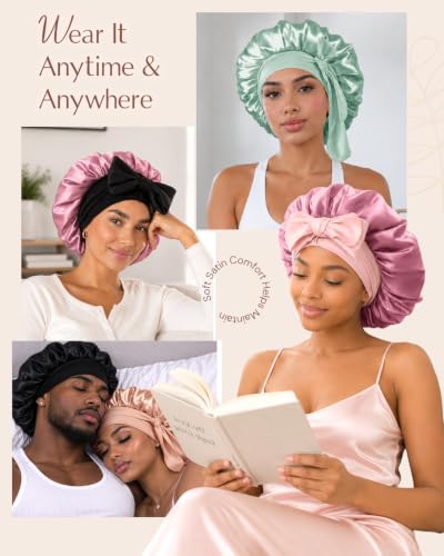 Image of BONNET QUEEN Silk Bonnet for Sleeping Women Hyaluronic Acid Infused Satin Bonnet for Curly Hair Double Layer Hair Wrap Adjustable Sleep Cap with Tie Band & Scrunchie, Pastel Pink & Rose Gold