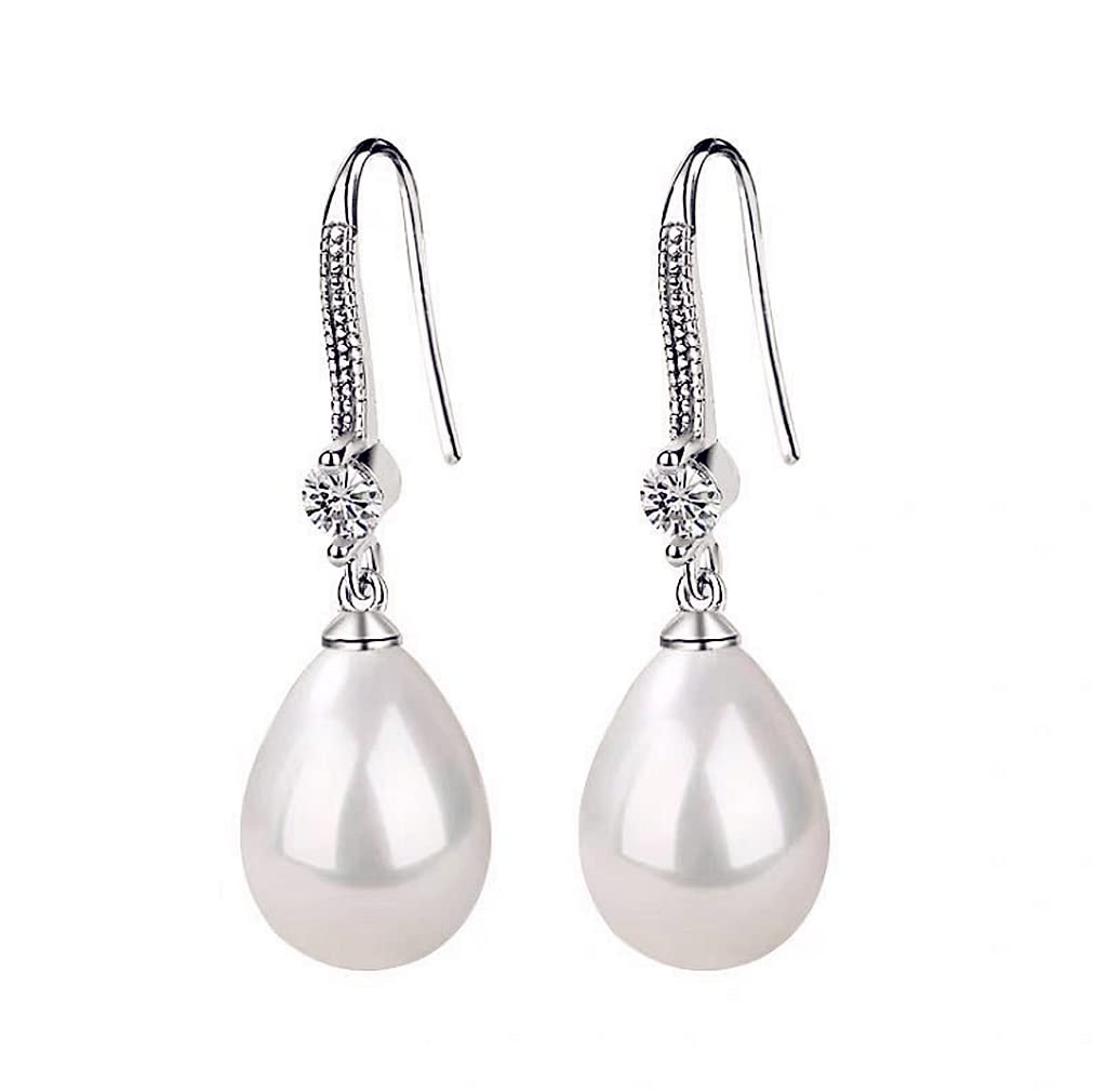 Oivzziy Pendientes de perlas de plata de ley 925 para mujer, pendientes colgantes de perlas de gota de agua blanca con diamantes de cristal austriaco