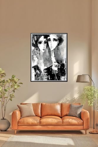 Monochrome Abstract Expressionist Portrait Print – Two Women Faces Wall