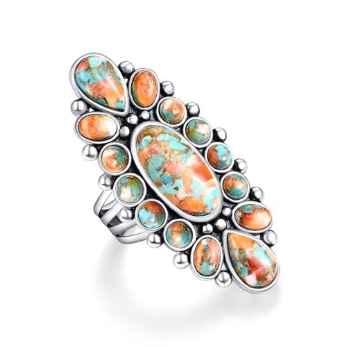 Turquoise 925 Sterling Silver Ring for Women, Bohemian Flower Statement Band, Vintage Genuine Gemstones Black Oxidized Rings Size 7
