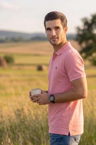 Image of Louis Philippe Men's Slim Fit Single-Tuck Pique Stylized Sleeve Print and Contrast Tipping Half Sleeve Solid Polo Tshirt