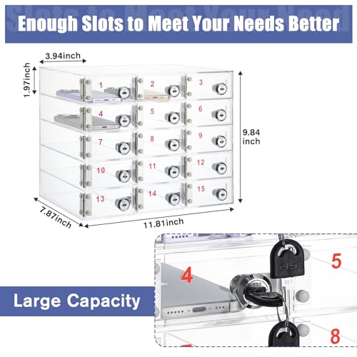 Image of Layhit Clear 15 Slots Cell Phone Locker Box for Classroom Clear Acrylic Cell Phone Storage Cabinet Bin with Door Locks for Classroom School Students Office Factory Employees