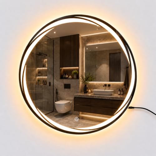 Image of Bathroom LED Wall Mount Mirror With Touch Sensor, 3 Light Effects, Glass, Round Led-28 (18 X 18 Inch),White