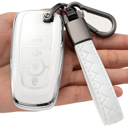 Kespevn for Ford Key Fob Cover Soft TPU with Keychain Full Protection Key Case for 2018-2025 Explorer Bronco Escape Edge Expedition F-150 Fusion Maverick Mustang Ranger Accessories 4 Button B White
