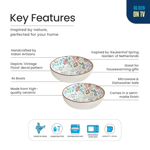 Image of ExclusiveLane 'Spring Garden' Ceramic Bowls for Serving Bowl Set (Set of 4, Microwave & Diswasher Safe, Each Bowl Capacity : 420 ml) |Bowl for Kitchen Snacks Serving Bowl Ceramic Snack Bowl