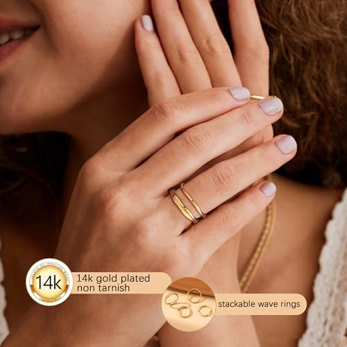Gold Rings for Women Non Tarnish 14K Gold Plated Stackable Ring Set Simple Trendy Wave Rings Birthday Gifts for Mom Waterproof Gold Jewelry Size 5-10 5