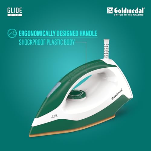 Image of Goldmedal Glide 1100W Dry Iron | Non-stick Weilburger Premium Double Coated Soleplate | 5 Fabric Setting |1.8 Meter Cord | 360 Swivel Cord | 2.5 Years Warranty | Light Weight (Peacock Green)