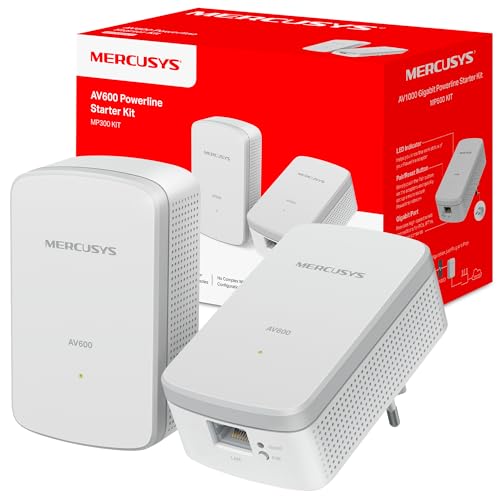 MERCUSYS MP300 Kit – Kit Powerline AV600, hasta 600 Mbps por Red eléctrica, Alcance de 300 m, Puerto Ethernet 10/100 Mbps, Plug and Play, Ahorro de energía hasta 85 %