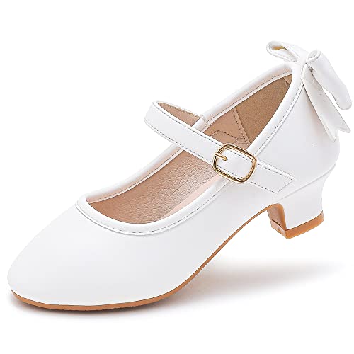 Dufannie Girls White Dress Shoes First Communion High Heel for Kids Flats Flower Girl Shoes Wedding Church Easter Pageant Big Kids Pumps Closed Toe Flats with Bow Size 2(3305White 2)