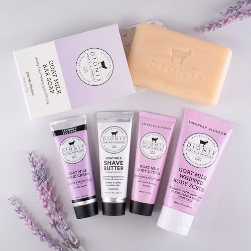 Image of Dionis Goat Milk Lavender Blossom Hand Cream, Body Lotion, Whipped Body Scrub, Shave Butter, Bar Soap 3 oz & Carrying Case 6-Piece Travel Set