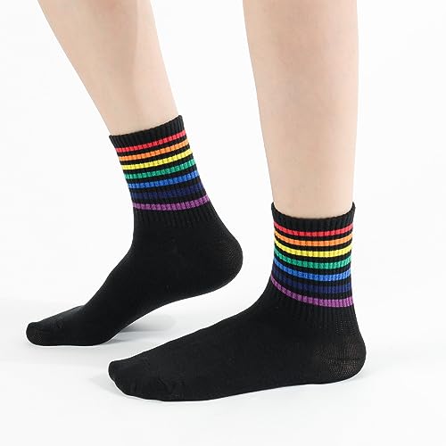 Kikiya Socks Women Patterned Crew Socks | 6 Pairs Rainbow Pride Calf Tube Stripes Black White Athletic Colorful Novelty Daily Cotton Socks, Womens Ladies & Girl Gift Casual Korean Socks | Rainbow Line #TOP2
