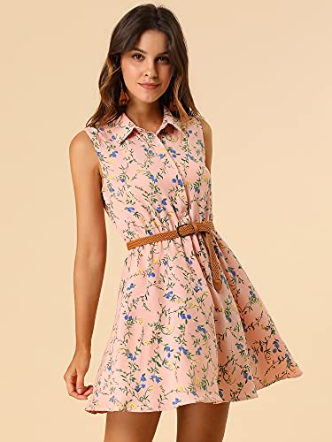 Image of Allegra K Women's Floral Printed Half Placket Above Knee Summer Sleeveless Belted Dress