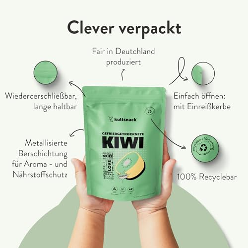 Kultsnack Gefriergetrocknete Kiwi 100g – Gefriergetrocknete Früchte – Fruchtchips – Veganer Snack & Süßigkeiten Ersatz – ohne Zuckerzusatz – Pure Frucht (Vegan, Glutenfrei)
