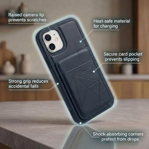 Image of amazon basics Premium Vegan Leather Back Cover with Card Holder and Integrated Mobile Stand for iPhone 11 - Slim Shockproof Wallet Case with Geometric Stitching [Blue]