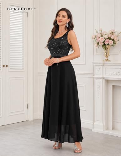 Image of BeryLove Sequin Dress for Woman Vintage A Line Wedding Formal Swing Mesh Dress Sleeveless Cocktail Maxi Gowns