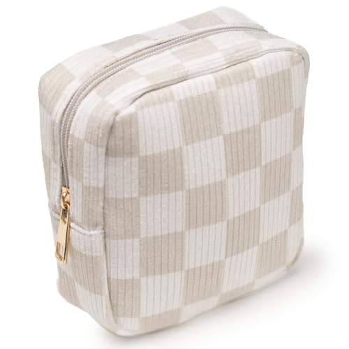Mini Makeup Bag, Small Makeup Bag for Purse, Small Cosmetic Bag for Purse, Small Cosmetic Bag, Checkered Pouch, Cute Mini Pouch, Small Medecine Bag, Makeup Bag Small (Beige)