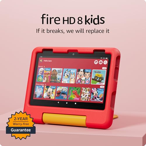 Image of Amazon Fire HD 8 Kids tablet (newest model), ages 3-7. With bright 8 inch HD screen. Includes ad-free and exclusive content, parental controls and 13-hr battery, 32 GB, Disney Pixar Cars