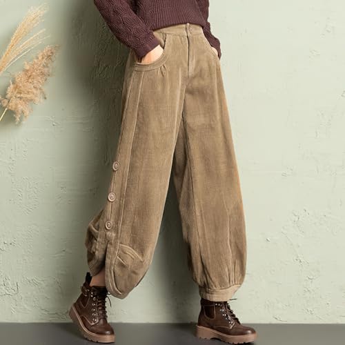 chouyatou Women's Winter Loose Baggy Sherpa Lined Corduroy Pants Elastic High Waisted Wide Leg Trouser4
