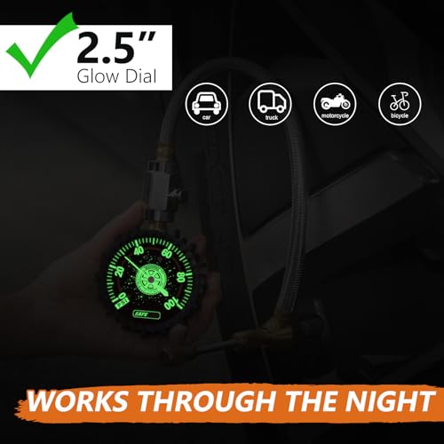 Image of Tire Deflator with Pressure Gauge (0-100psi) Adjustable Tire Air Down Tool - Large 2.5 inch Easy Read Glow Dial & Solid Brass Hardware - Rapid 4x4 Offroad Deflator Kit for Jeep, Truck or ATV