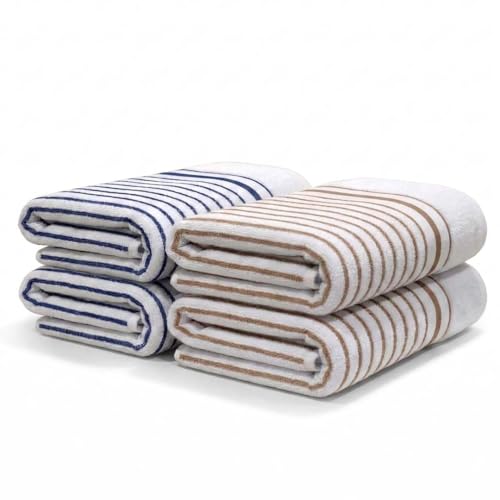 Image of Athom Living Premium Hand Towels- Cotton, 400 GSM, Ultra Soft, Quick Dry, Highly Absorbent | for Hand, Kitchen and Gym | 60 * 40 cm, Pack of 4 (White with Brown & Blue Stripes)