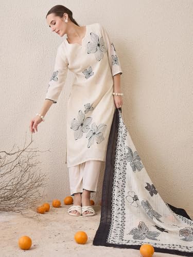 Image of INDO ERA Women's Straight Linen Floral Embroidered Kurta & Pant With Dupatta Set (IESTR10640)
