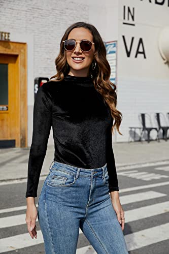 Paodikuai Women's Vintage Velvet Turtleneck Long Sleeve Top Blouse Velour Pullover (A2-Black, Small) #TOP5