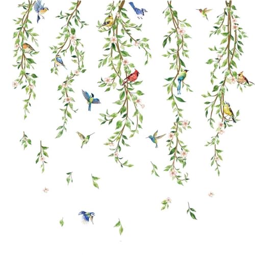 Green Leaf Vine Wall Decals, Hanging Plant Wall Stickers Birds