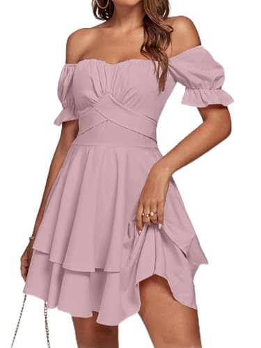 LYANER Women's Tie Back Off Shoulder Wrap Layer Ruffle Short Sleeve Mini Dress