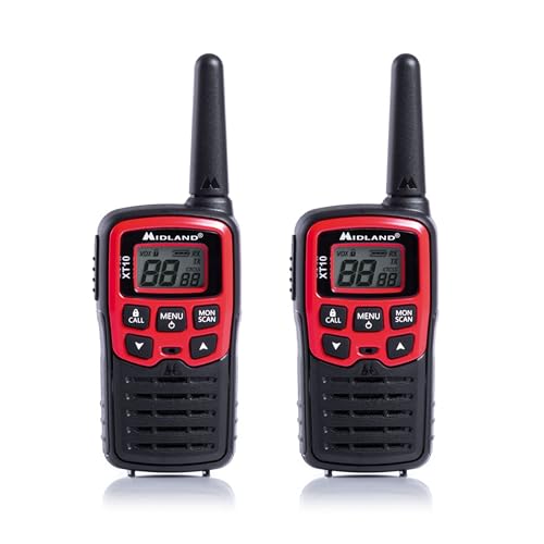 Midland - Walkie Talkie Profesional XT10, 2 Radioaficionados de Nivel Inicial para Trekking, Caza y Outdoor, 16 Canales PMR446 sin Licencia, Alcance 4Km, 38 Tonos CTCSS, VOX, SCAN, 2 Clips Cinturón