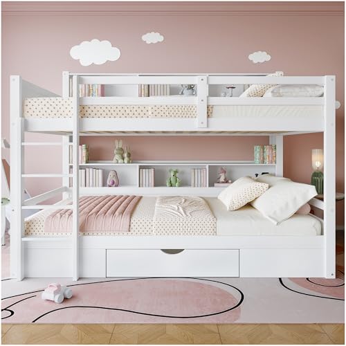 Sapgaks Lit superposé avec tiroirs et rangements, Lit Enfant 90x200cm avec échelle et Garde-Corps Haut,lit Enfant superposé pour Enfants, Adolescents,Blanc